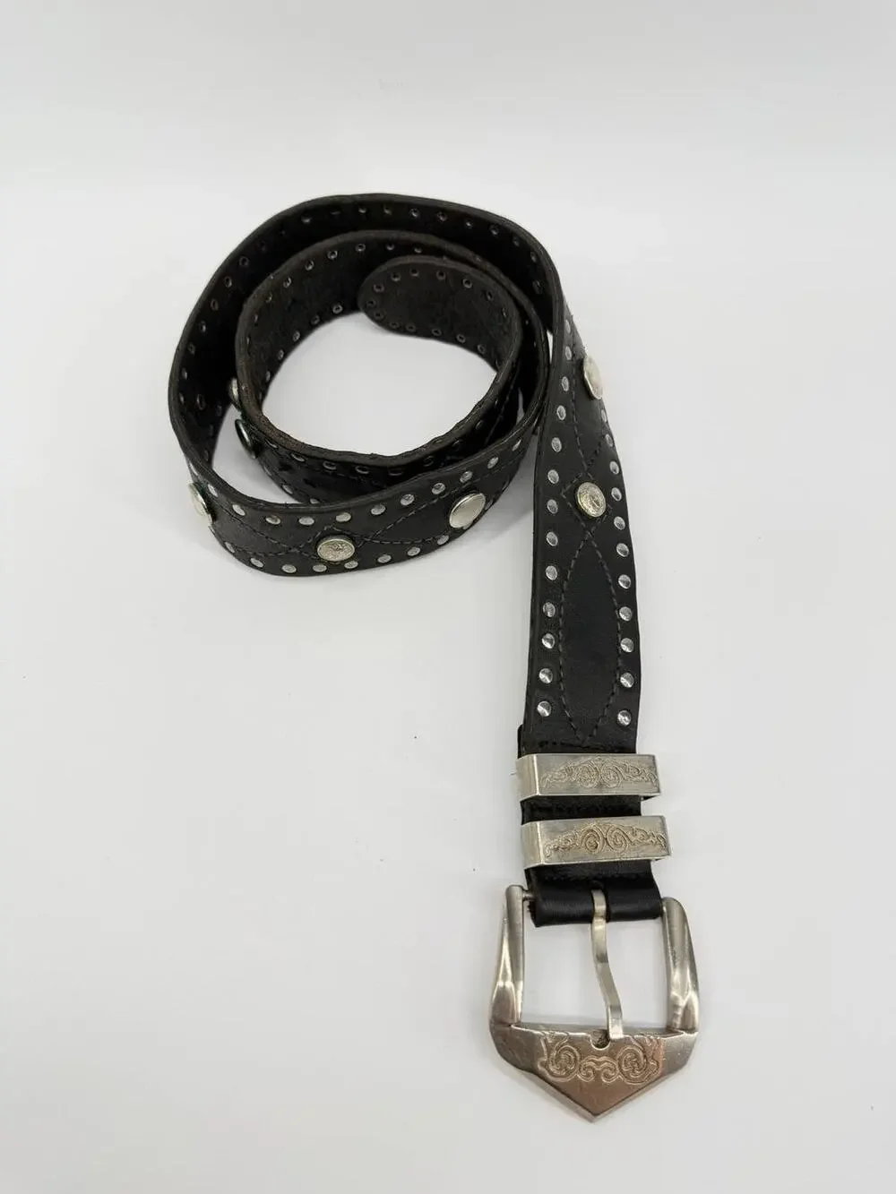 Rare 90s Gianni Versace Studded Leather Medusa Black belt 41 Inch